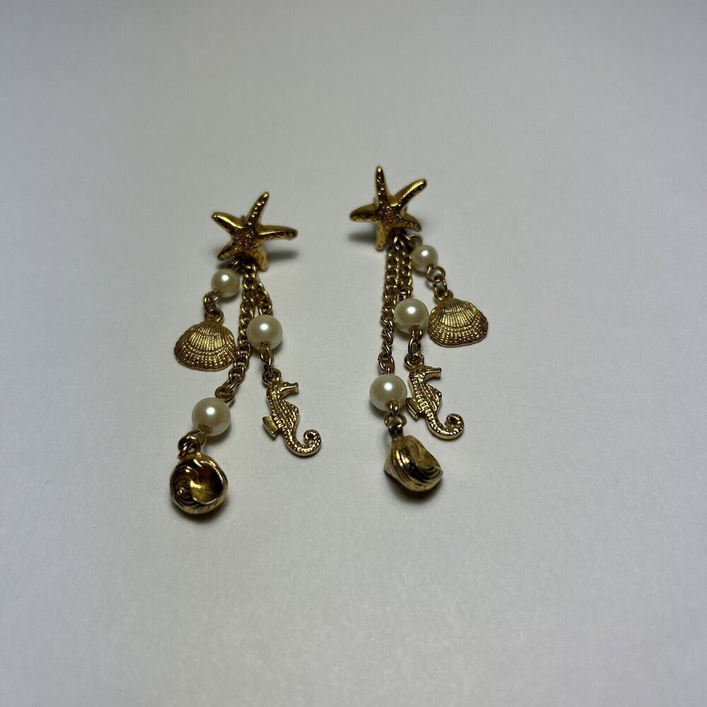 Vintage Boho Nautical Starfish Seahorse Shell Dangle Charm Earrings
